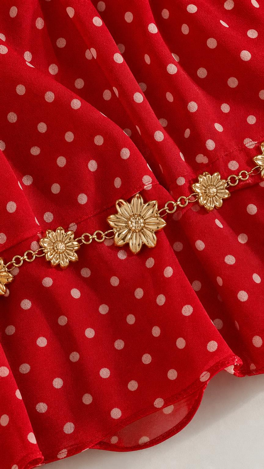 Close-up detail of red polka dot fabric texture and gold floral chain belt