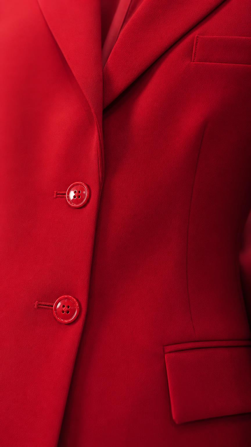 Close-up detail of red blazer lapel, buttons, and pocket