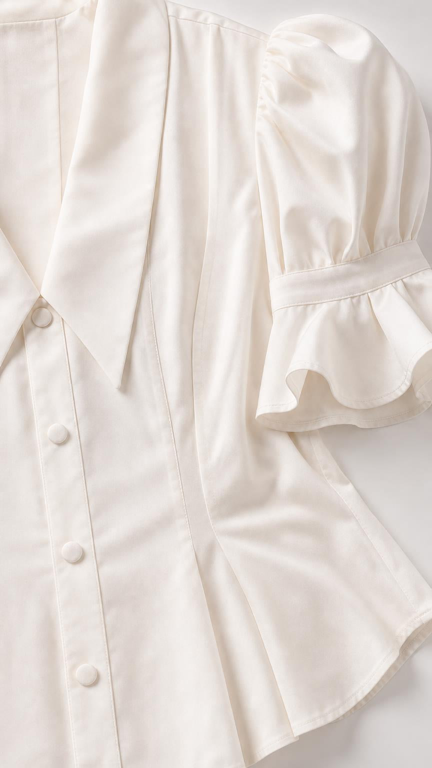 Close-up detail of white top collar, buttons, and puff sleeve ruffles