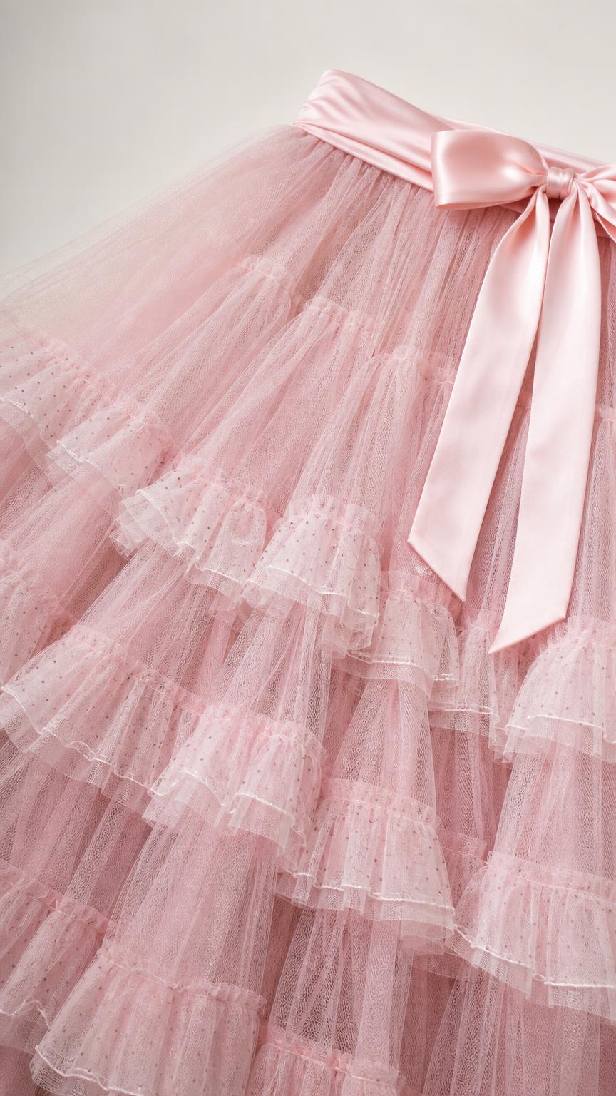 Close-up of pink layered tulle skirt and satin bow