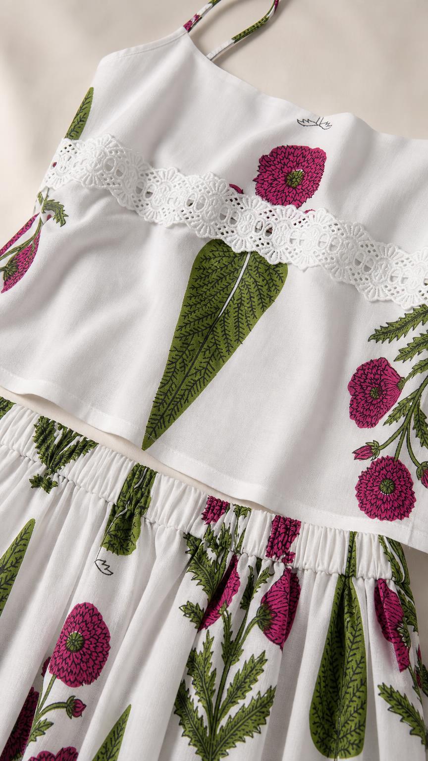 Close-up detail of lace trim and floral block print on white fabric