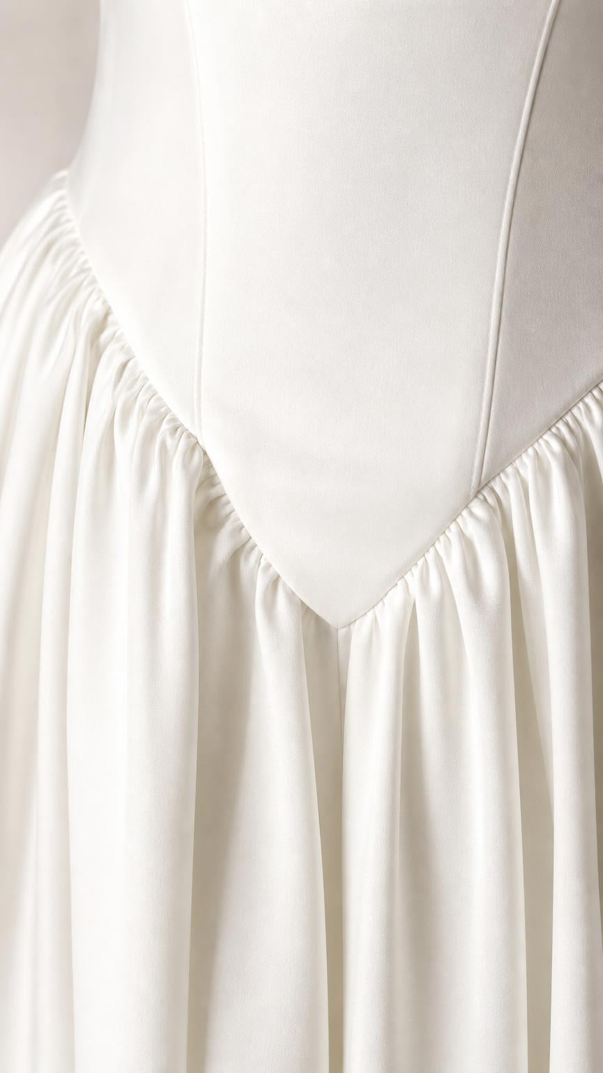 Close-up detail of bodice drop-waist gathering