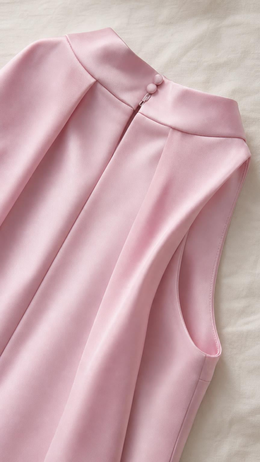 Close-up detail of mock neckline and back button closure on pink dress