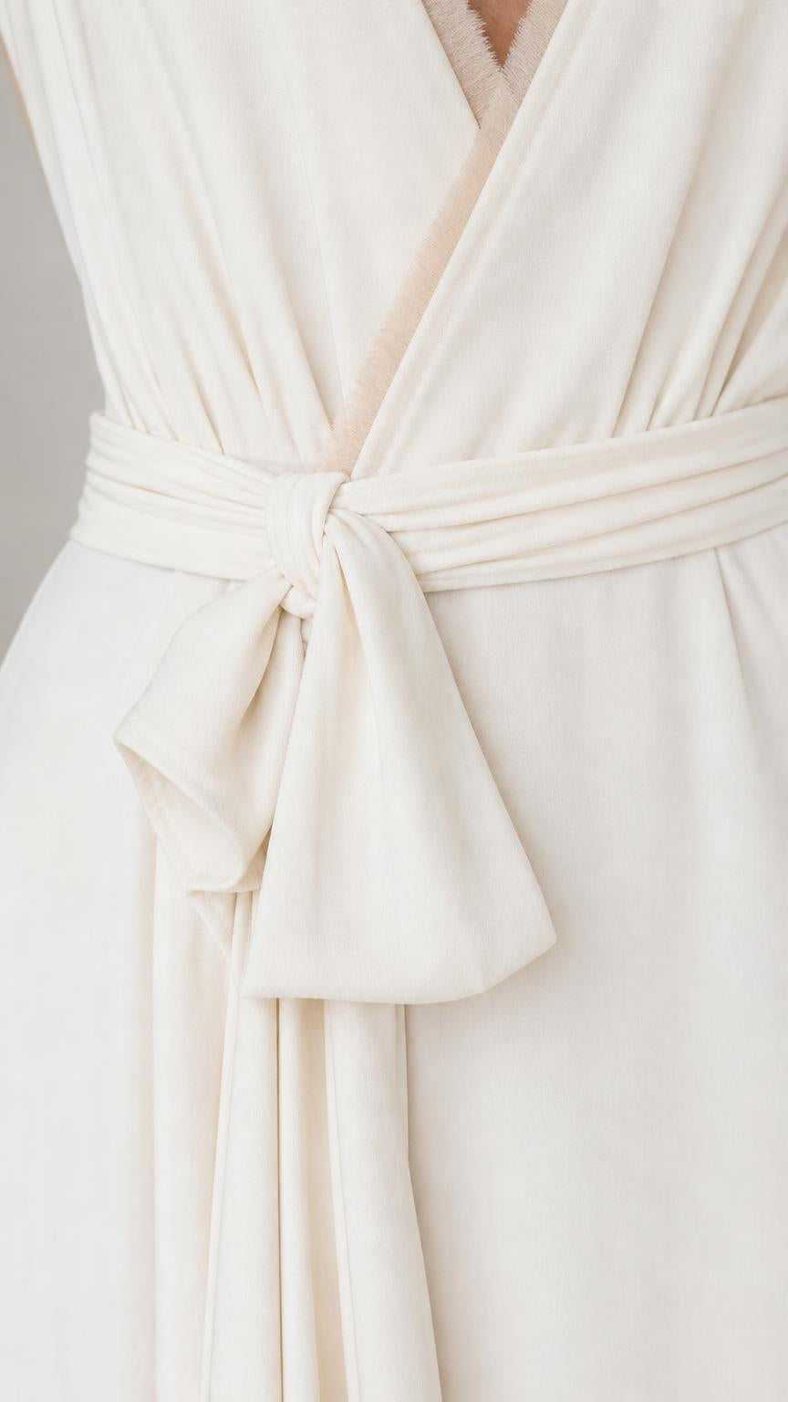 Close-up detail of the waist tie and bow on the white dress