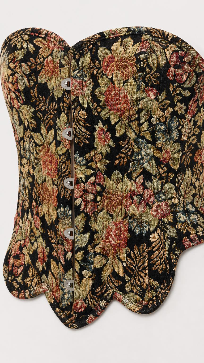 Close-up of multi floral jacquard bustier top showing front clasps and scalloped hem