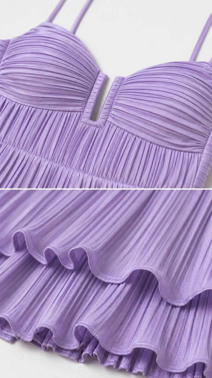 Close-up detail of bodice cutout and pleating texture in lavender