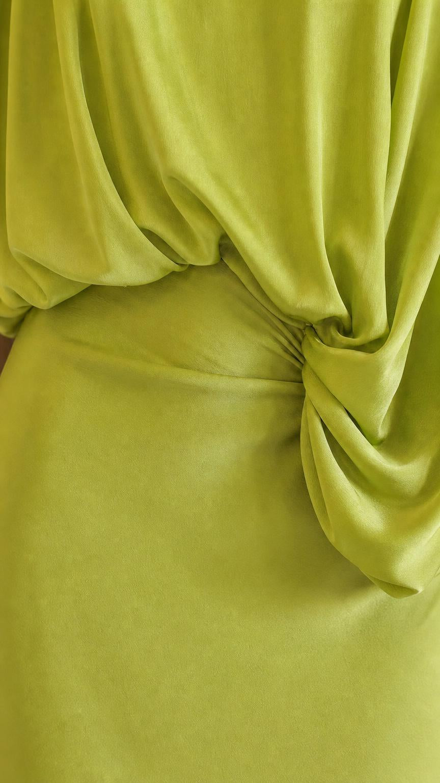 Close-up detail of side-knot waist on Lime Green dress