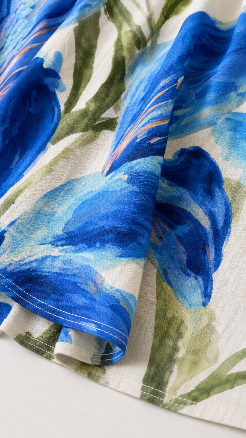 Close-up of lightweight floral patterned fabric and hem