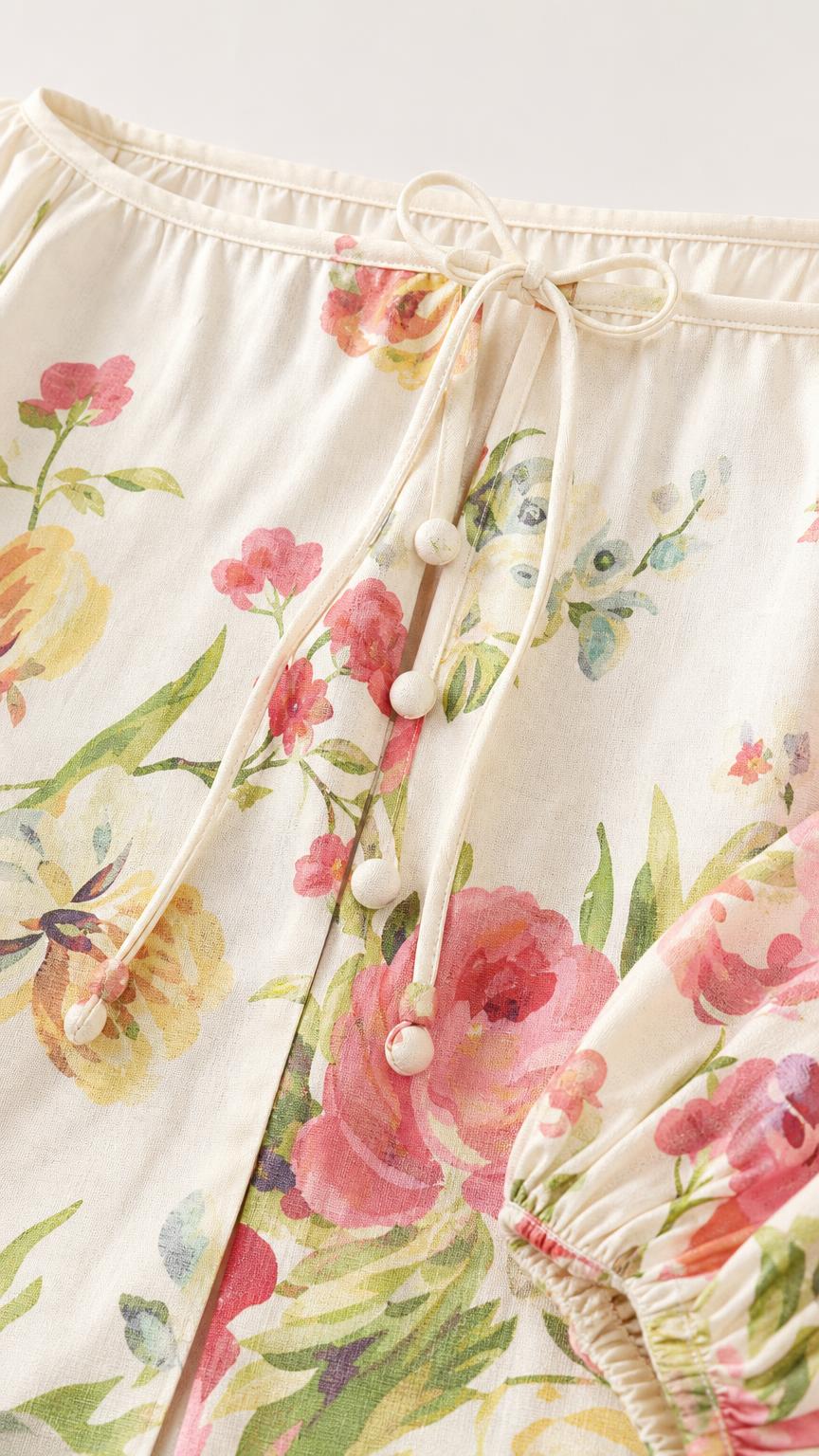 Close-up detail of cream floral top neckline and bead drawstring