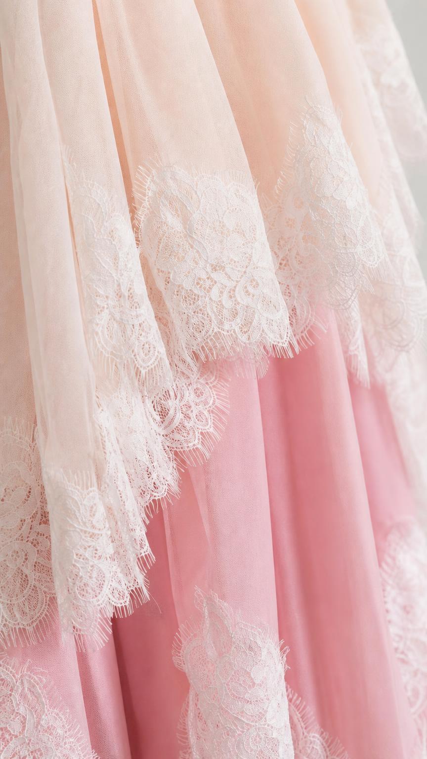 Close-up detail of lace trim on pink and cream tulle layers