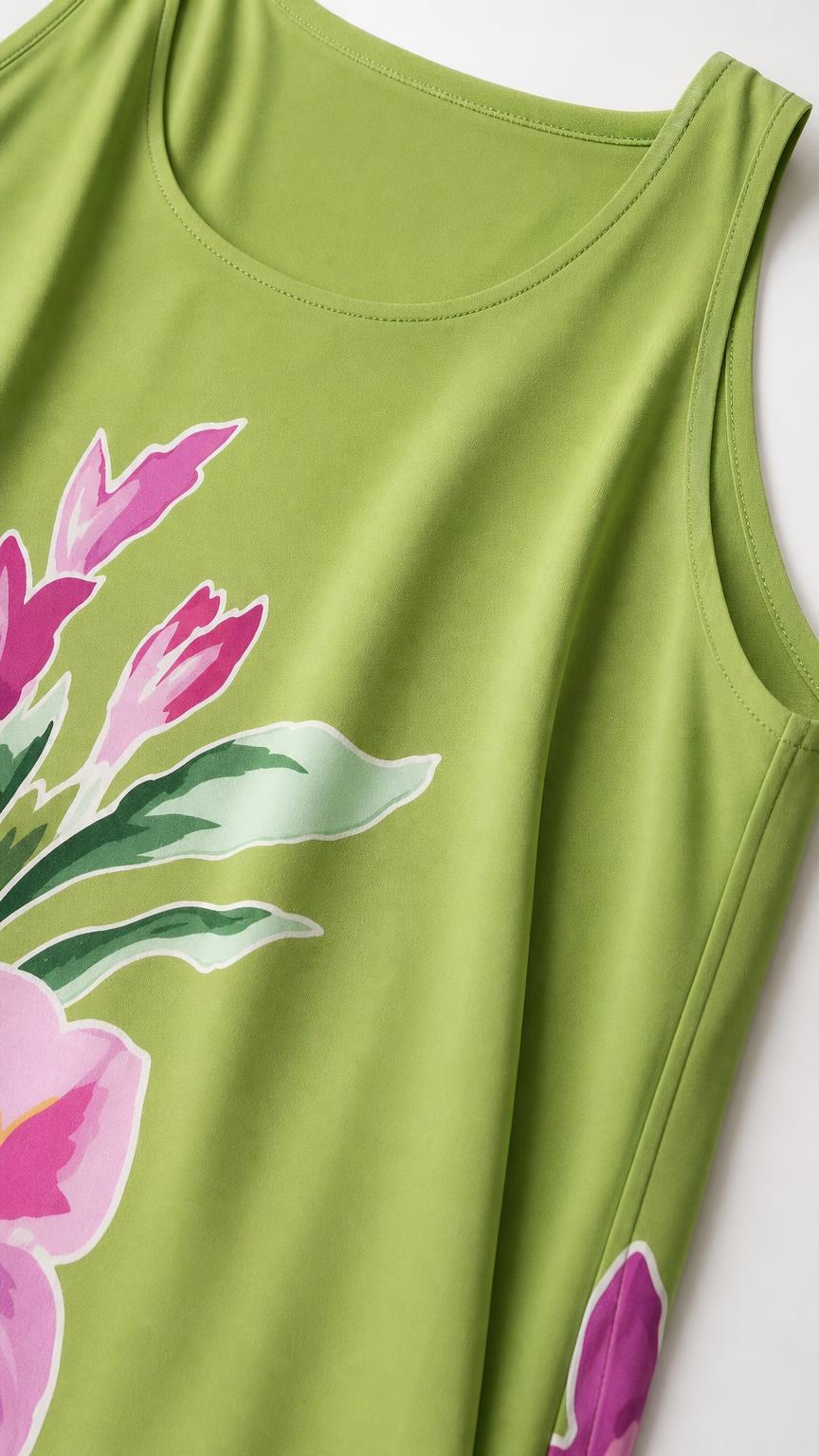 Close-up detail of scoop neckline and floral graphic on green dress