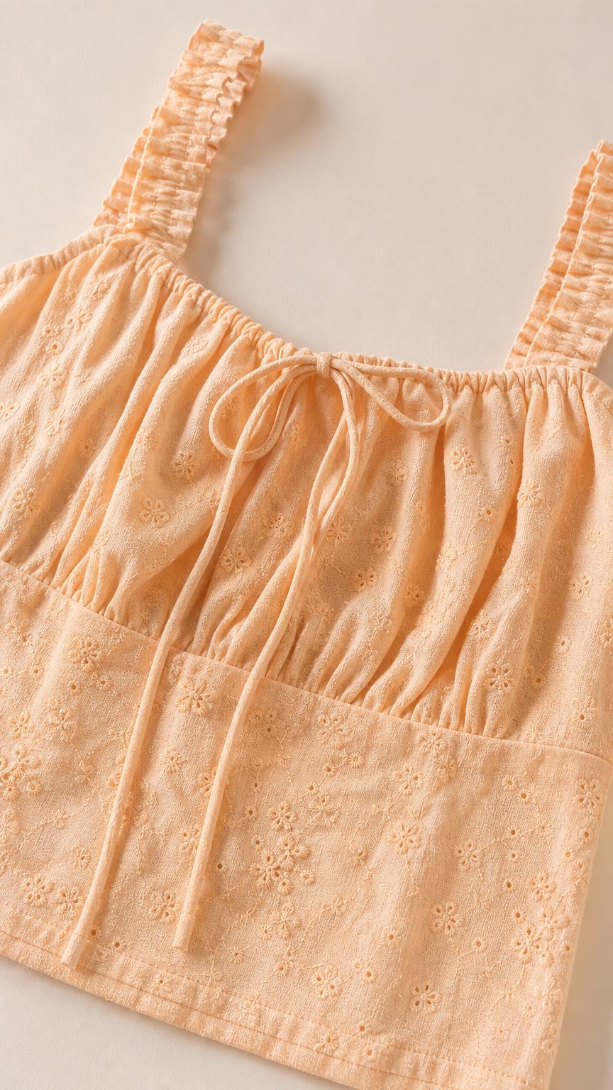 Close-up detail of peach eyelet crop top with ruffled straps