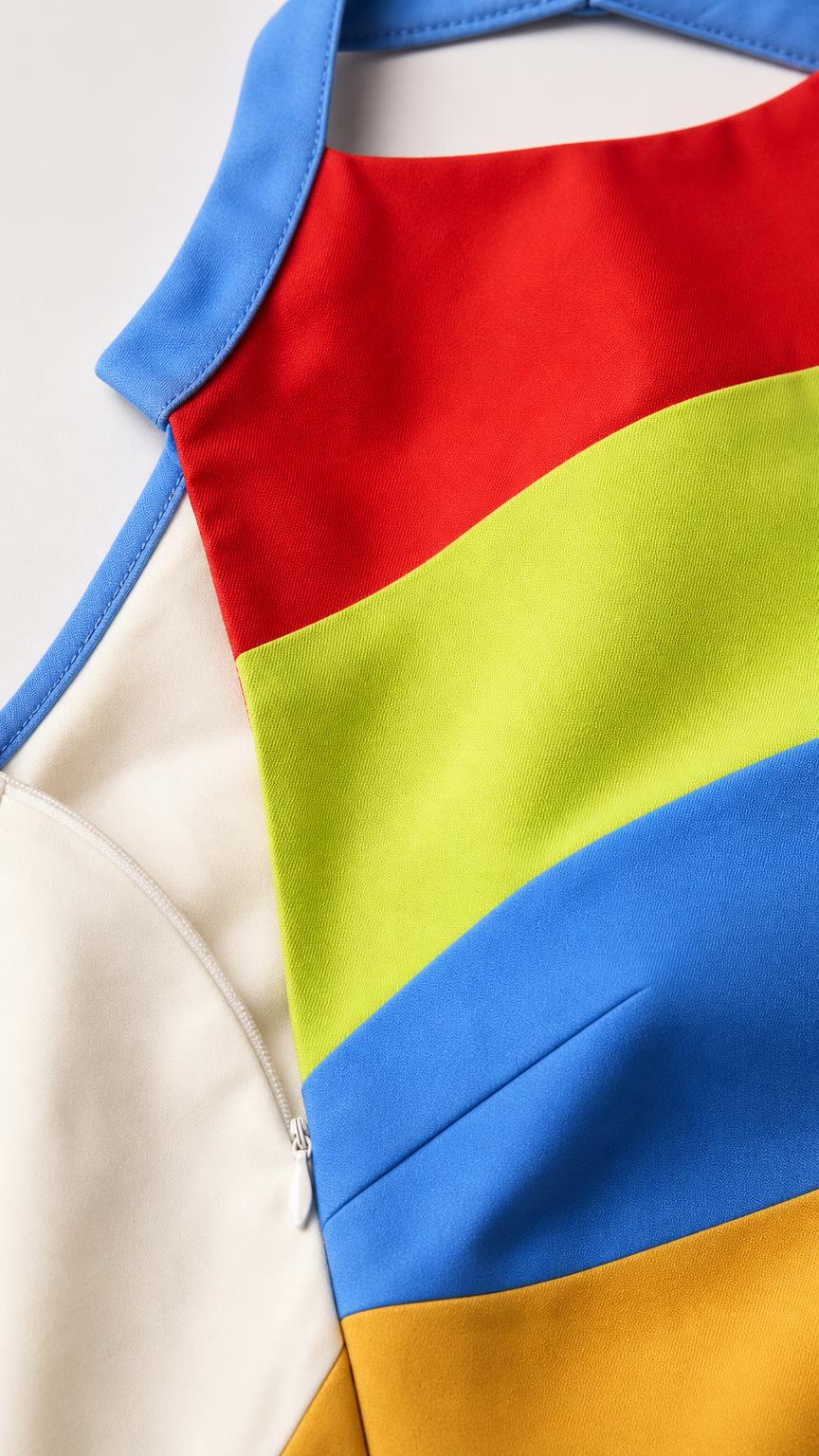 Close-up detail of fabric, colorblock panels, and side zipper