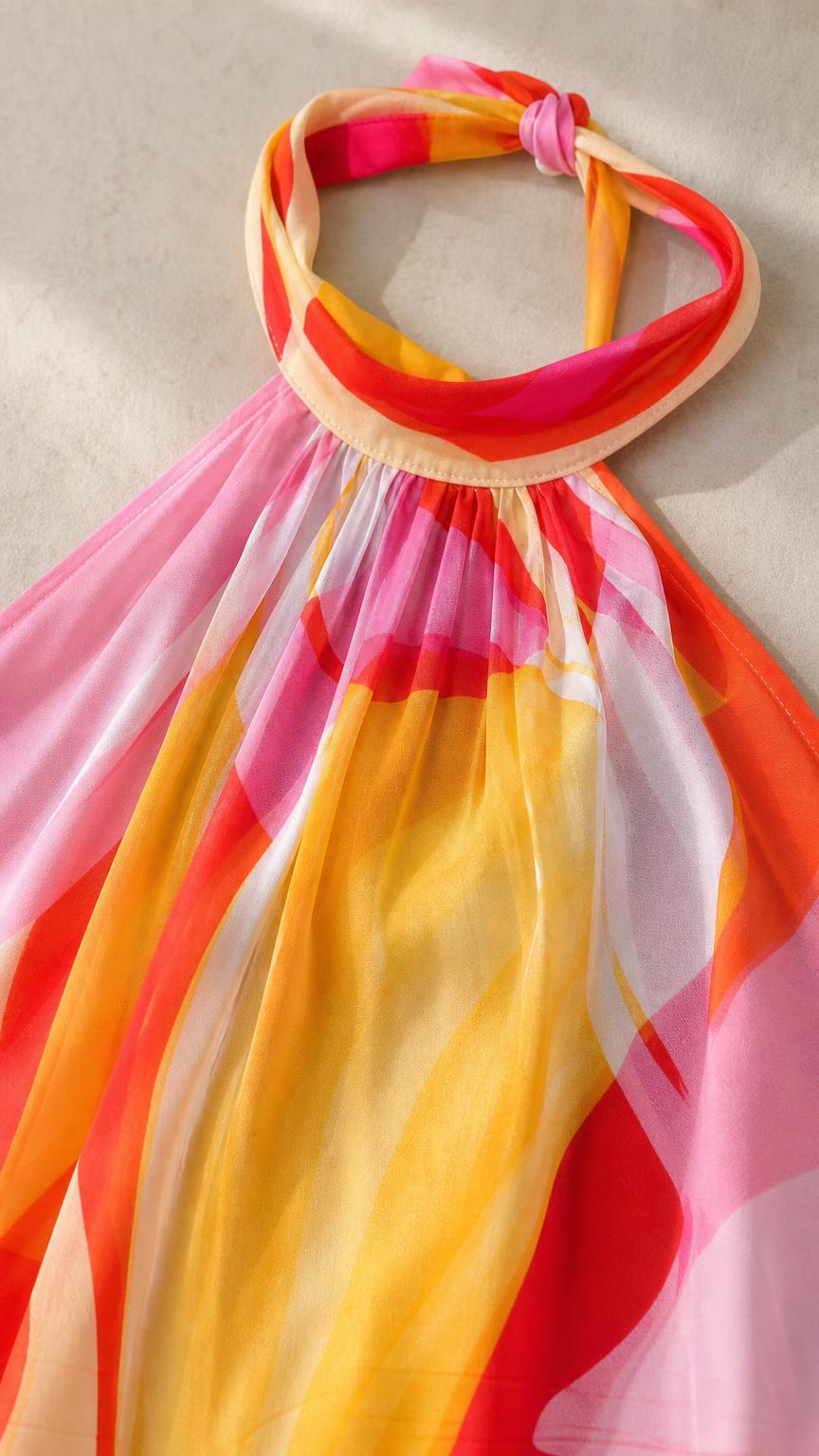 Close-up detail of smooth-looking halter neckline and abstract pattern fabric
