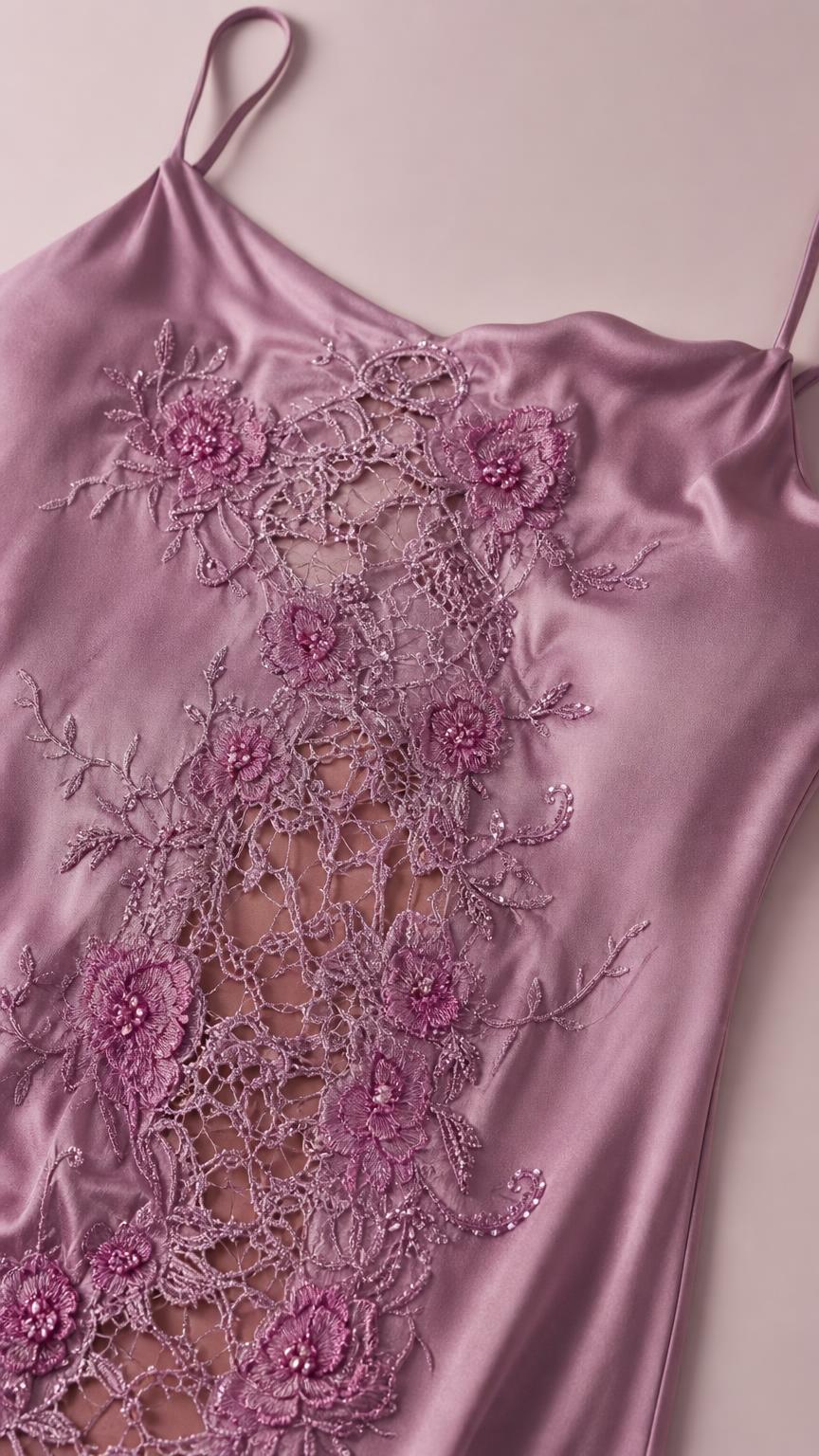 Close-up detail of sheer lace and beaded floral appliques