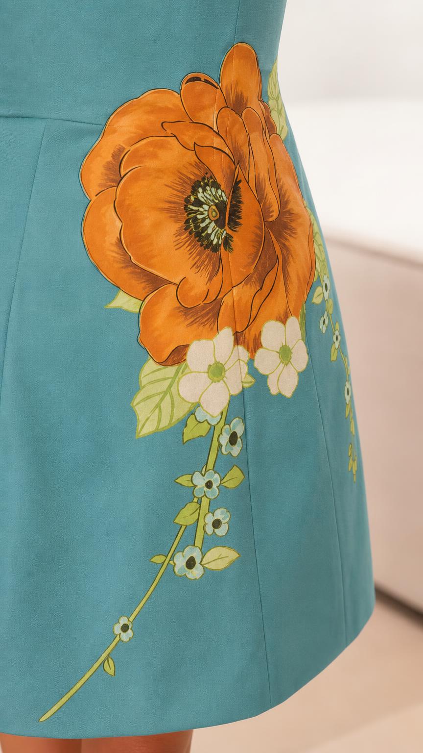 Close up of orange floral applique detail on dress hem