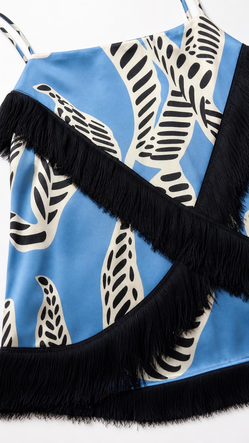 Close-up detail of blue printed fabric and black fringe trim