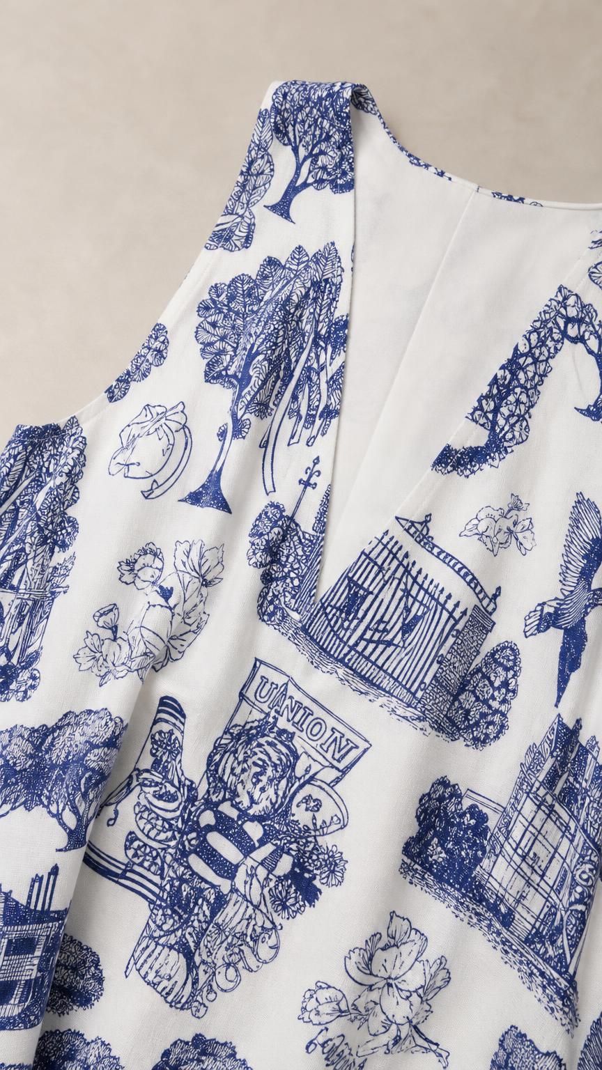 Close-up detail of blue Toile de Jouy fabric and V-neckline