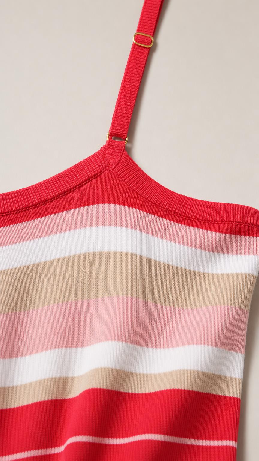 Close-up of adjustable spaghetti strap and striped knit bodice detail