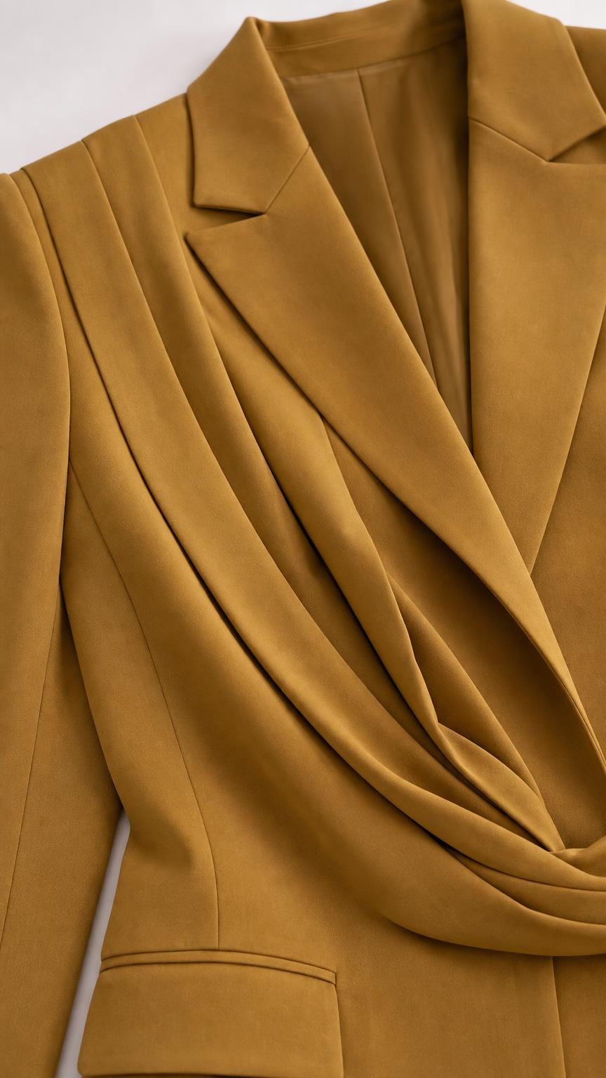 Close-up detail of mustard blazer lapel and asymmetric draped wrap