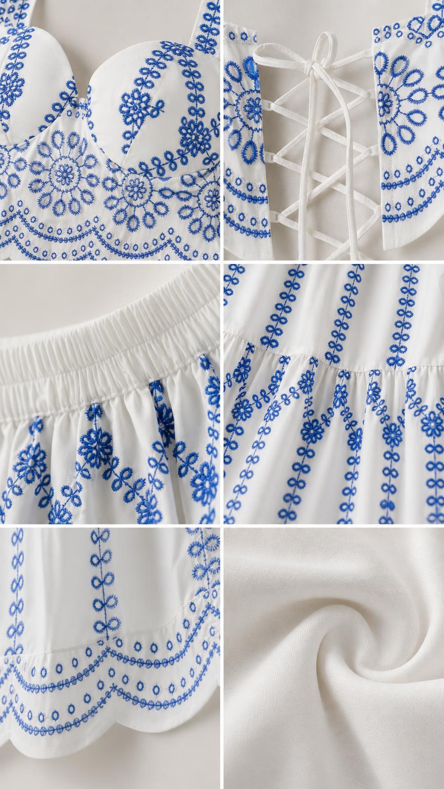 Close-up details of embroidery, lace-up back, elastic waist, and fabric texture