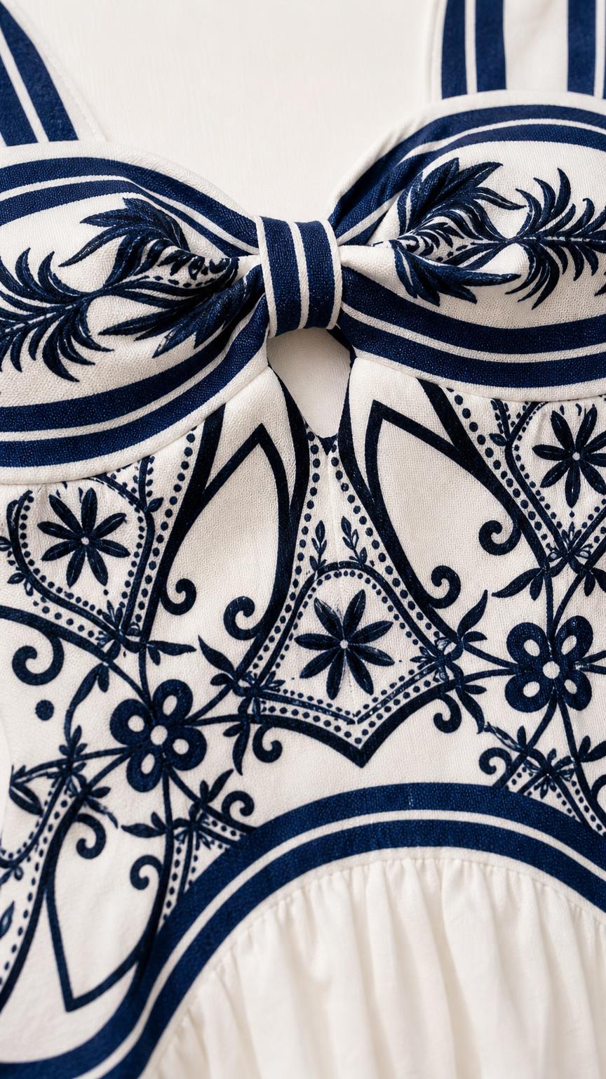 Close-up of bodice detail showing bow and intricate print