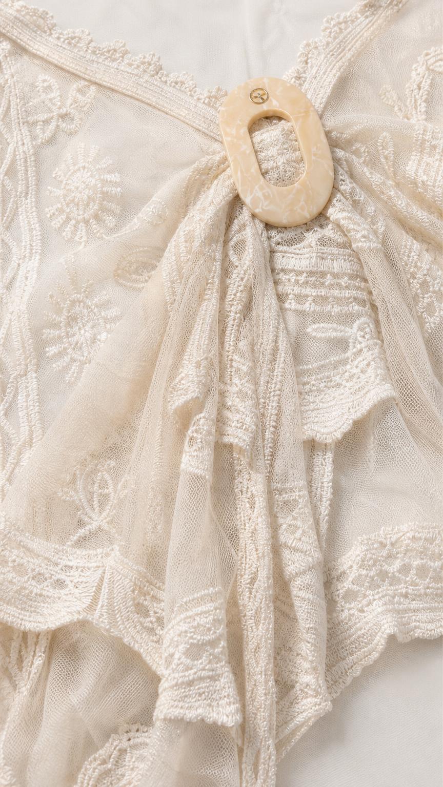 Close-up detail of resin ring and lace texture