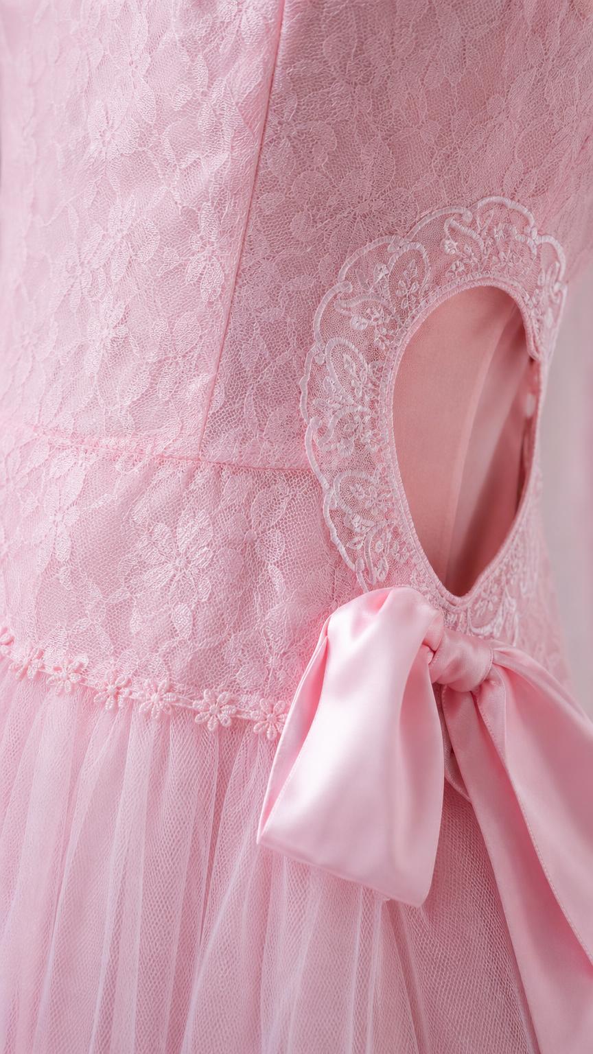 Close-up of pink dress cutout and bow detail