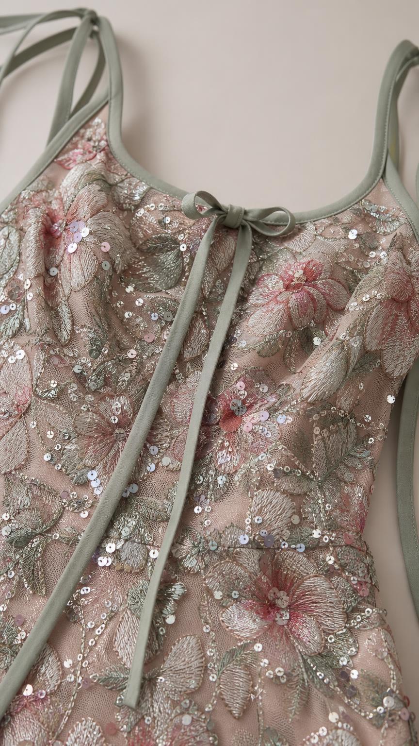 Close-up detail of bodice, tie straps, and floral sequin embroidery