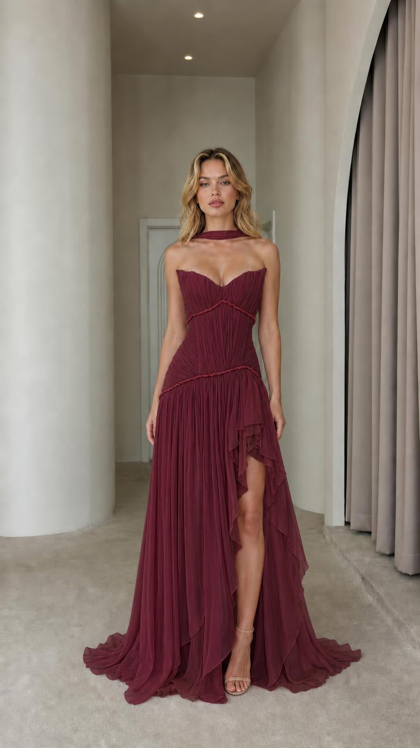Burgundy maxi dress front view with choker accessory