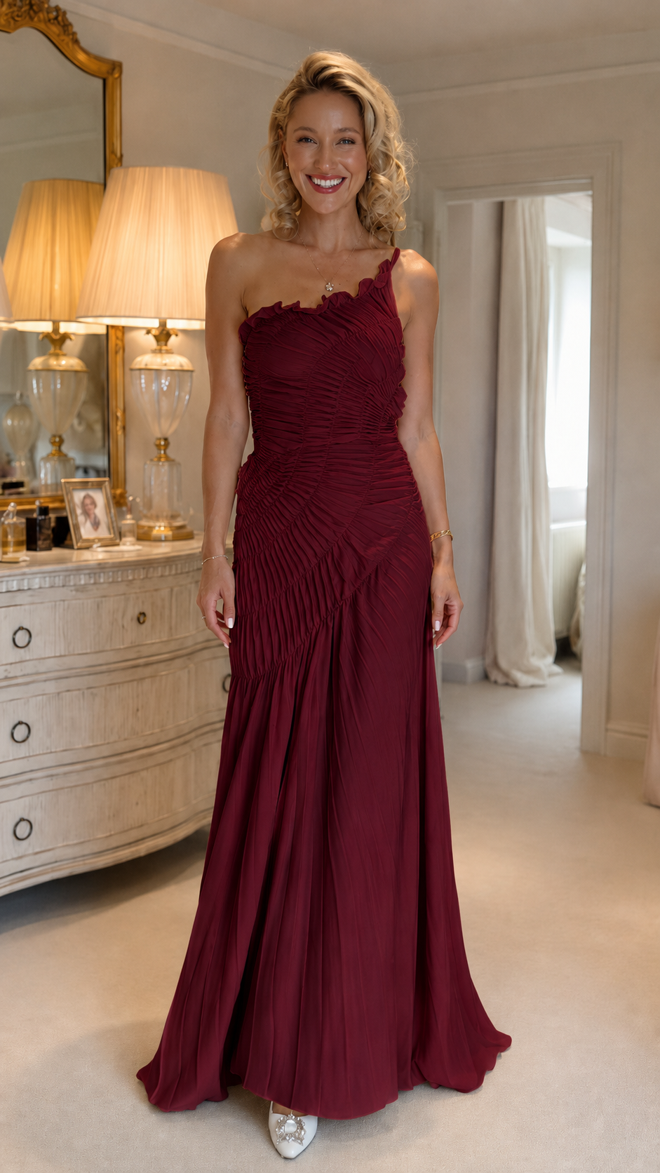 Front view of burgundy one-shoulder ruched pleated maxi evening dress
