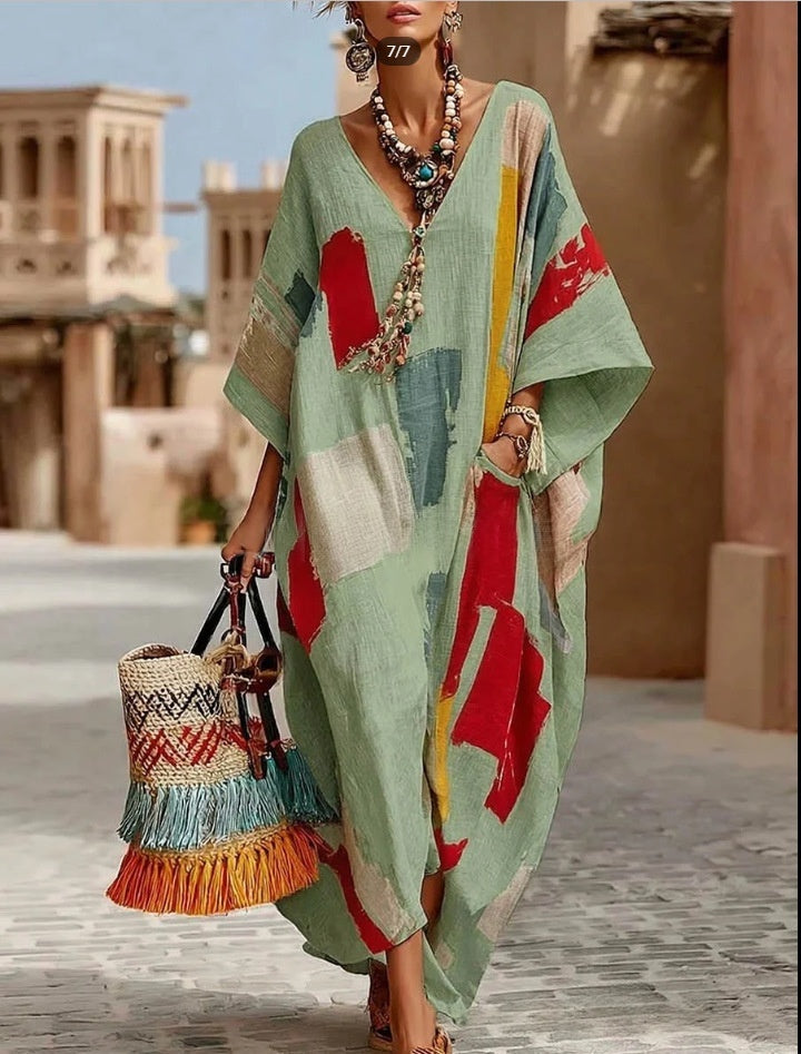 Abstract Print V-Neck Casual Loose Dress