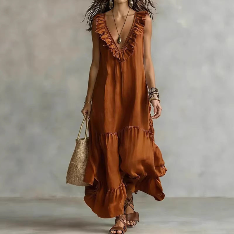 Lace-trimmed Loose-fit Casual Sleeveless Maxi Dress