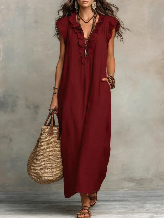Bohemian Floor-length Dress With Flutter Sleeves