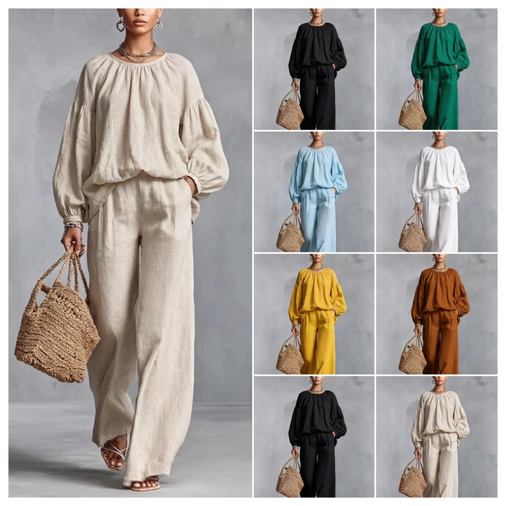 Women's Cotton-Linen Lantern-Sleeve Wide-Leg Pants Set