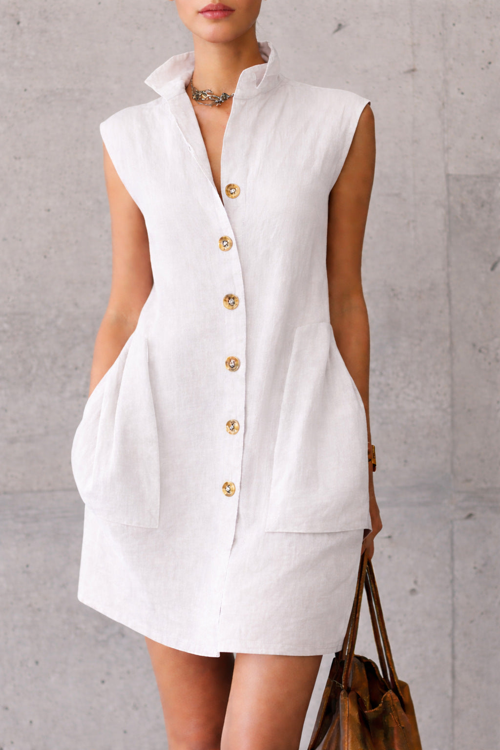Slimming Sleeveless Stand-Collar Shirt Dress For Summer