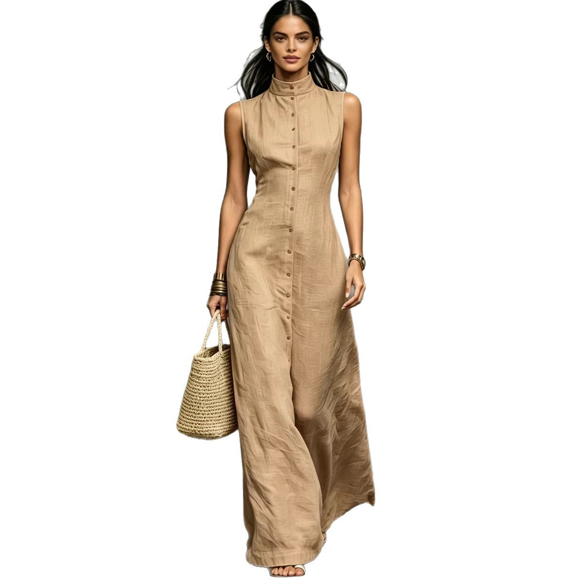 Blended Fabric Stand-up Collar Single-breasted Sleeveless Maxi Dress