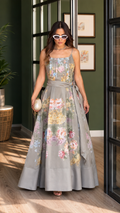 Grey Floral Tie-Waist Maxi Dress