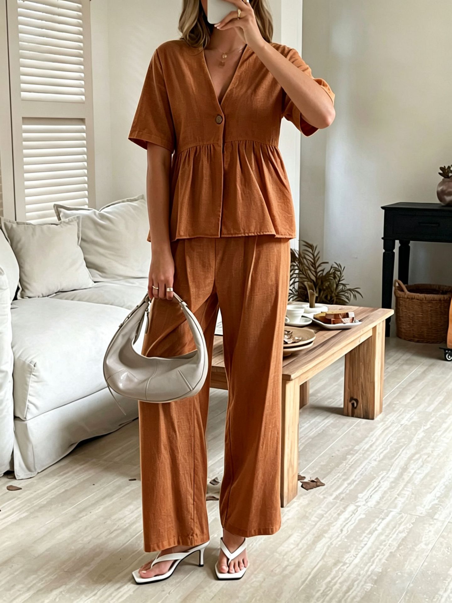 V-neck Loose-fit Short-sleeve Top And Wide-leg Pants Two-piece Set
