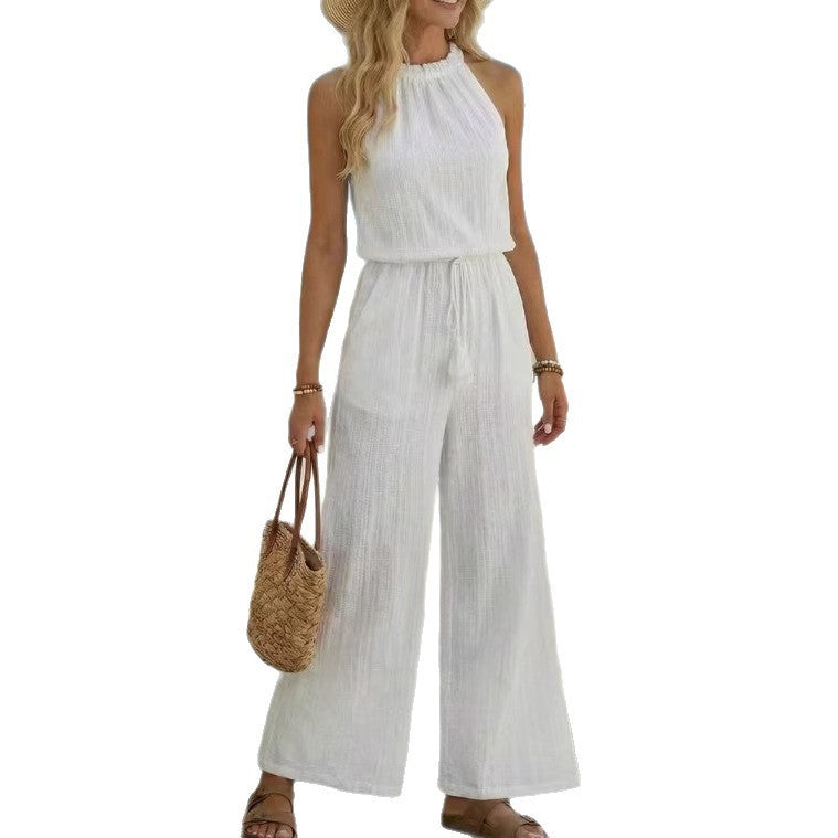 Tasseled Lace-up Pocketed Wide-leg Casual Jumpsuit For Women