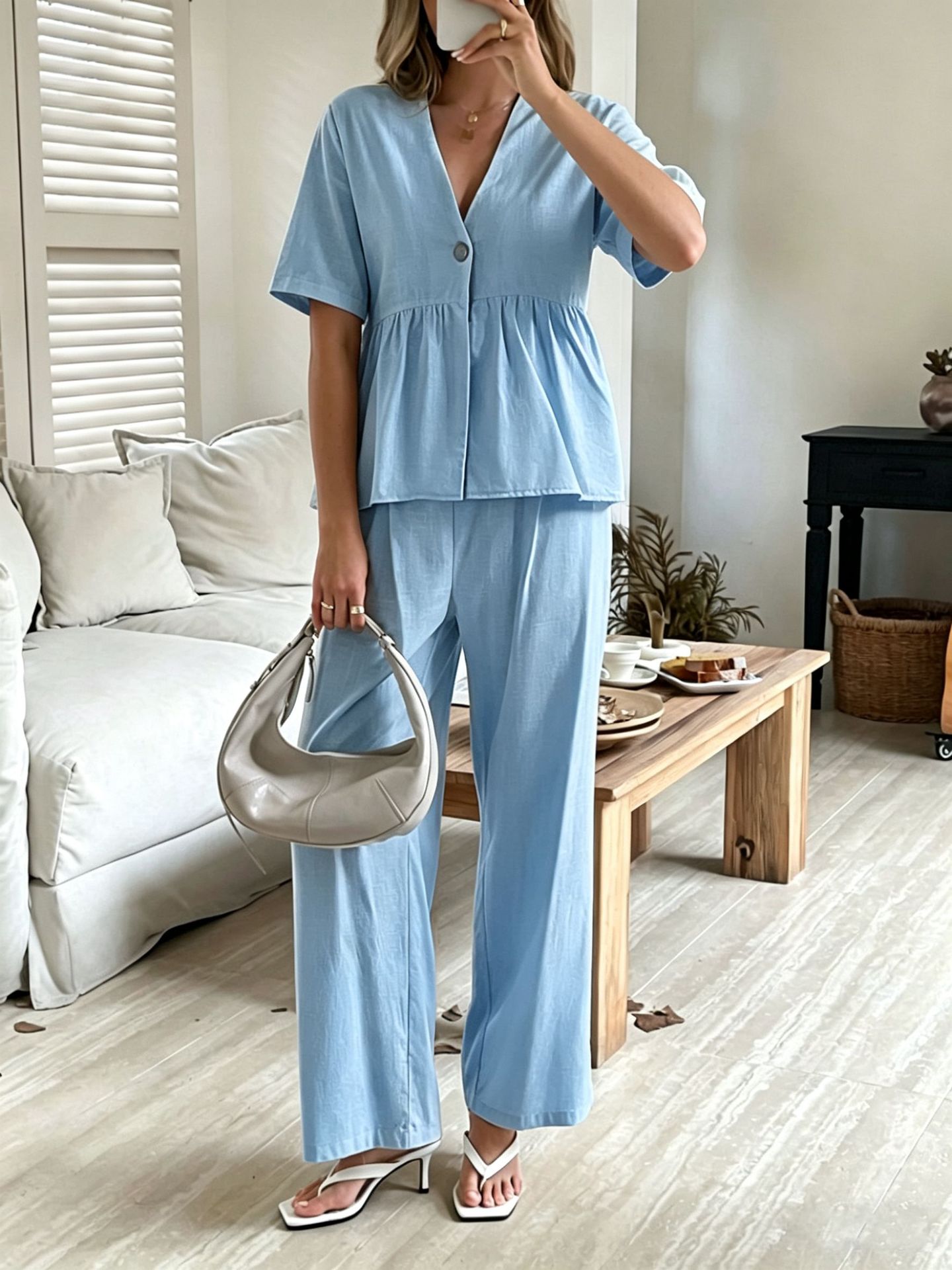 V-neck Loose-fit Short-sleeve Top And Wide-leg Pants Two-piece Set