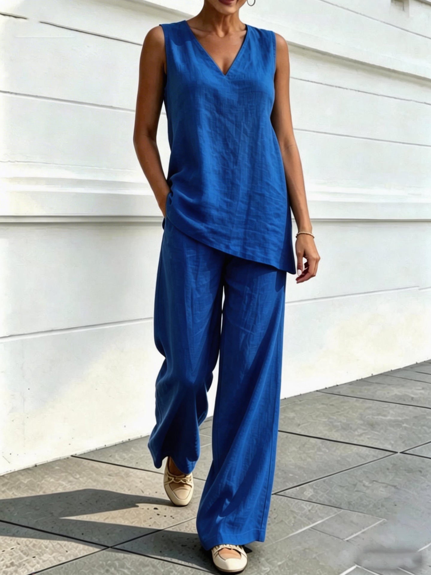Womens V-neck Sleeveless Cotton-Linen Top And Wide-Leg Pants Set