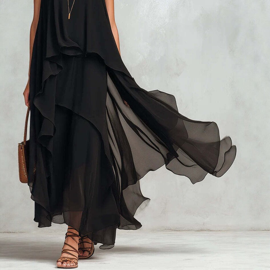 Black Sleeveless Asymmetrical Chiffon Maxi Elegant Flowing Womens Dress