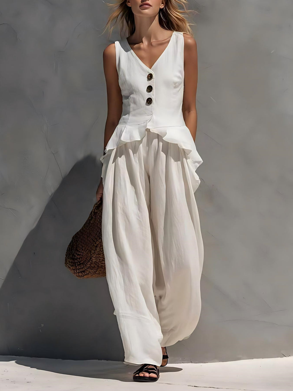 Sleeveless V-neck Ruffled Tank Top Draping Wide-leg Pants Two-piece Set