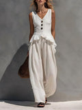 Sleeveless V-neck Ruffled Tank Top Draping Wide-leg Pants Two-piece Set
