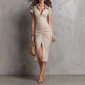 Solid Color Pleated Slim-fit Split Dress