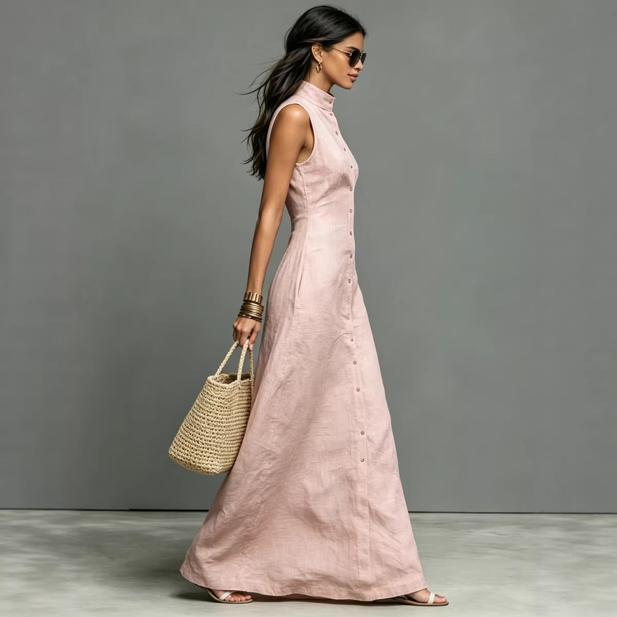 Blended Fabric Stand-up Collar Single-breasted Sleeveless Maxi Dress