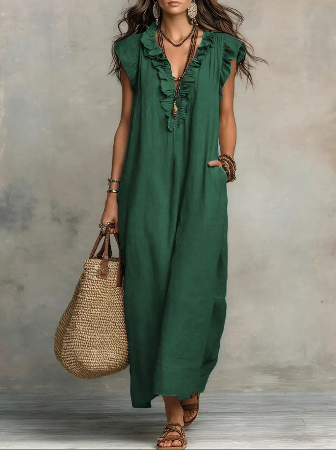 Bohemian Floor-length Dress With Flutter Sleeves