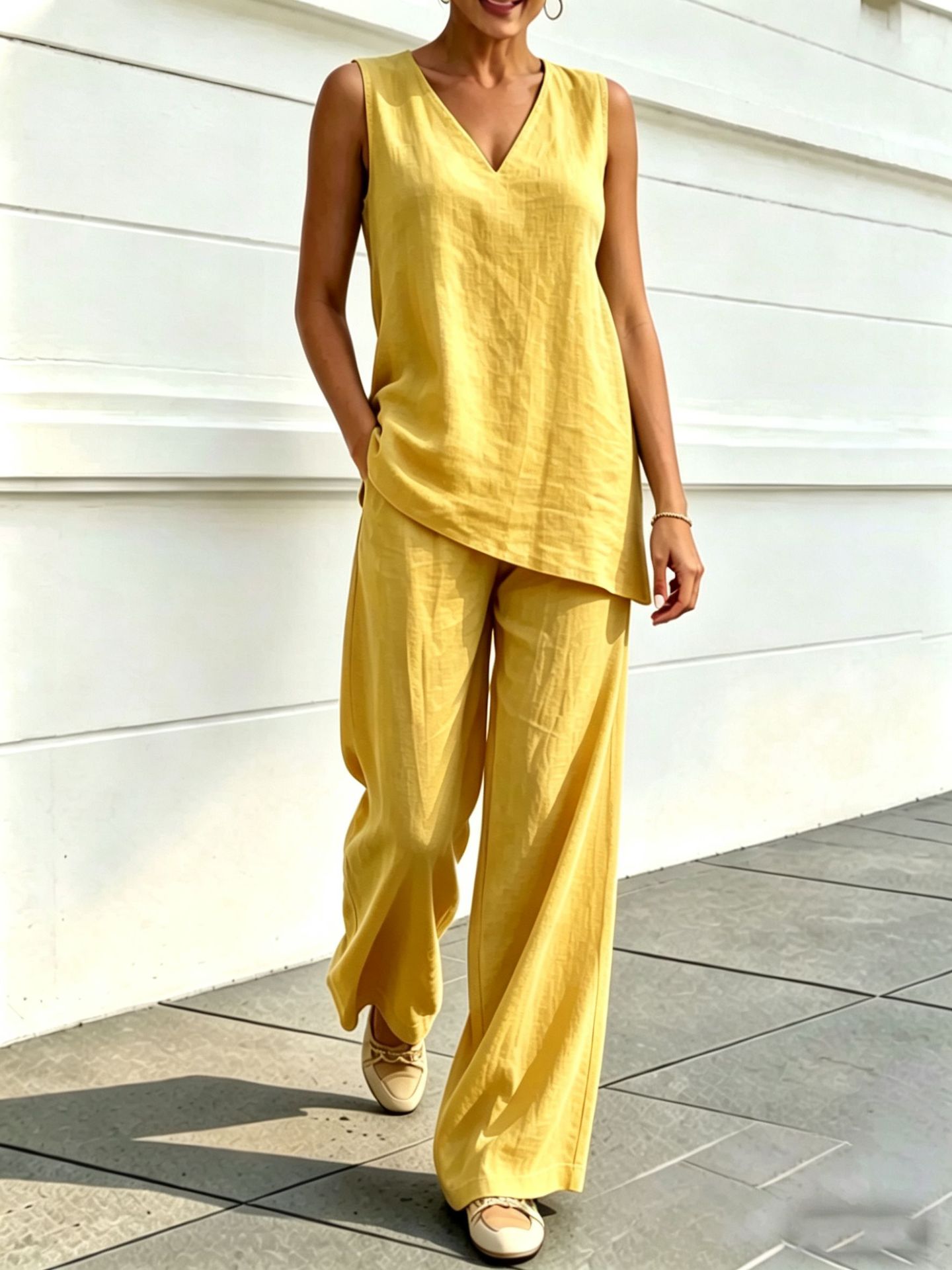 Womens V-neck Sleeveless Cotton-Linen Top And Wide-Leg Pants Set
