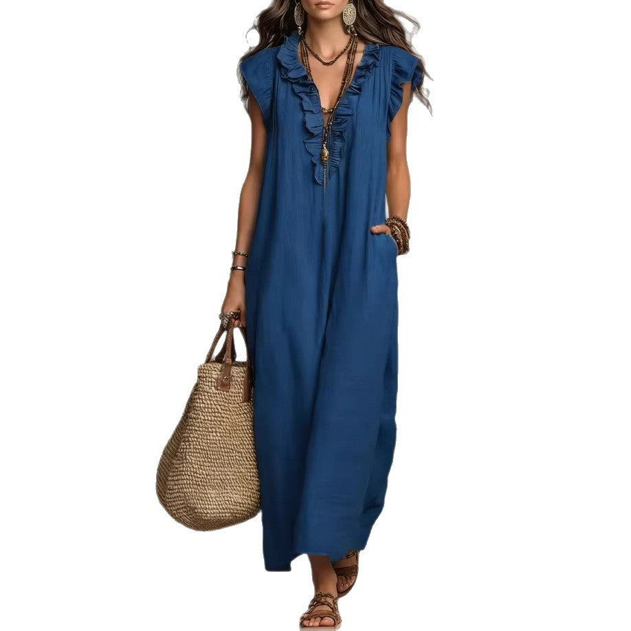 Bohemian Floor-length Dress With Flutter Sleeves